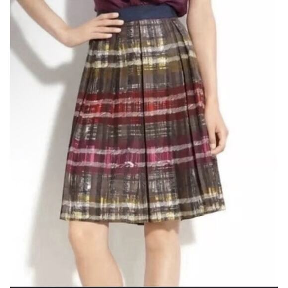 Trina Turk Dresses & Skirts - Trina Turk Silk A-Line Box Pleat Knee Length Silk Skirt Watercolor Plaid 4 NEW